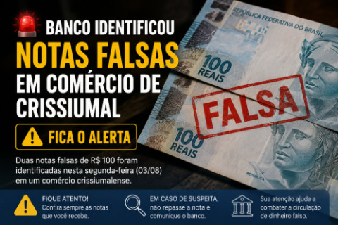 Banco identifica notas falsas recebidas em comércio de Crissiumal